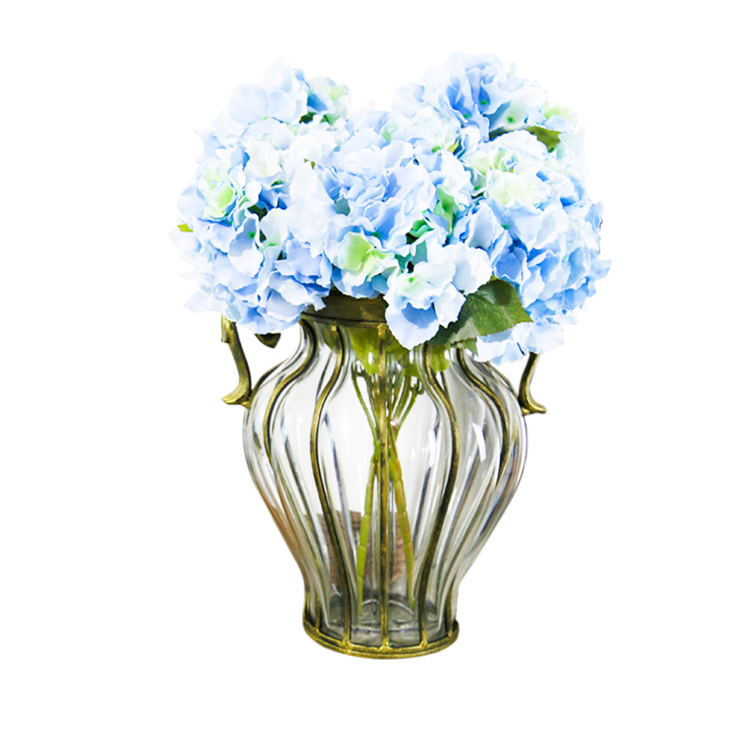 Clear European Glass Flower Vase with Two Metal Handle