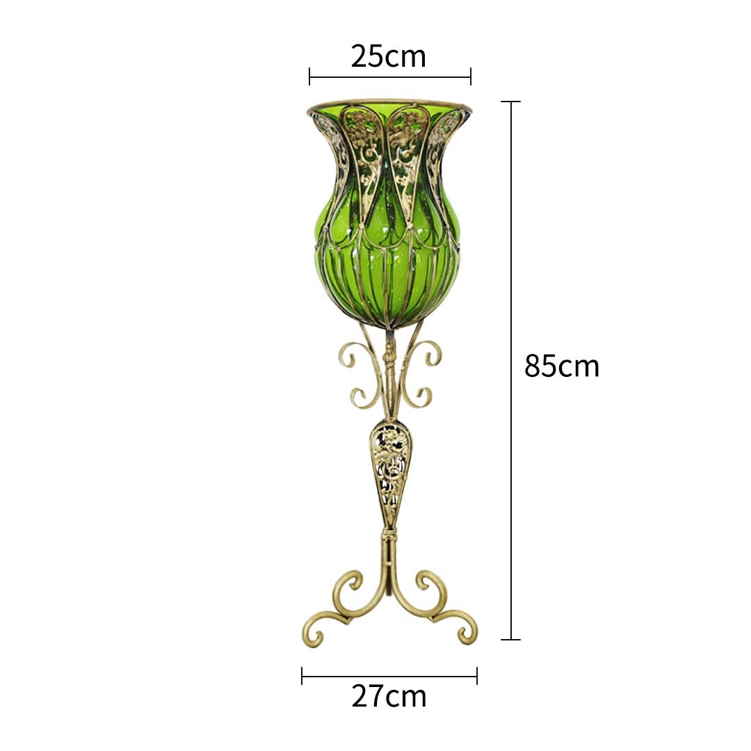 85cm Green Glass Floor Vase with Tall Metal Stand