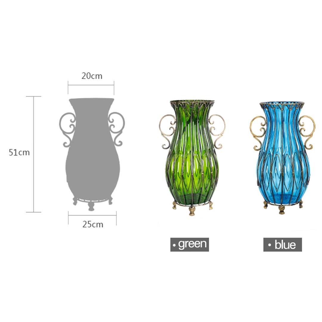 51cm Blue Glass Floor Vase with Metal Stand