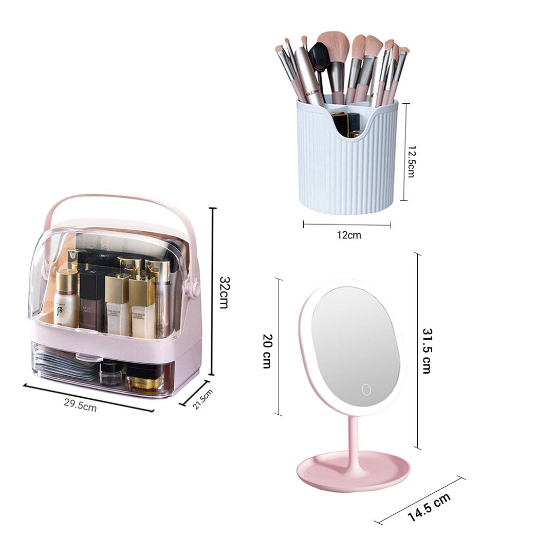 Pink 2 Tier Cosmetic Storage with Brush Lipstick Holder Organiser and LED Light Tabletop Mirror Set