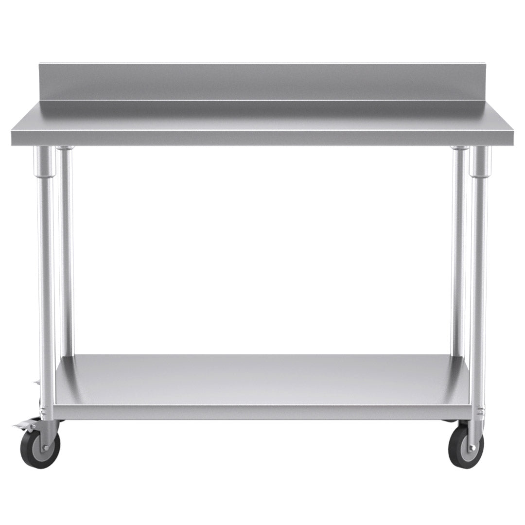 120cm Commercial Kitchen Stainless Steel Work Bench with Backsplash and Caster Wheels