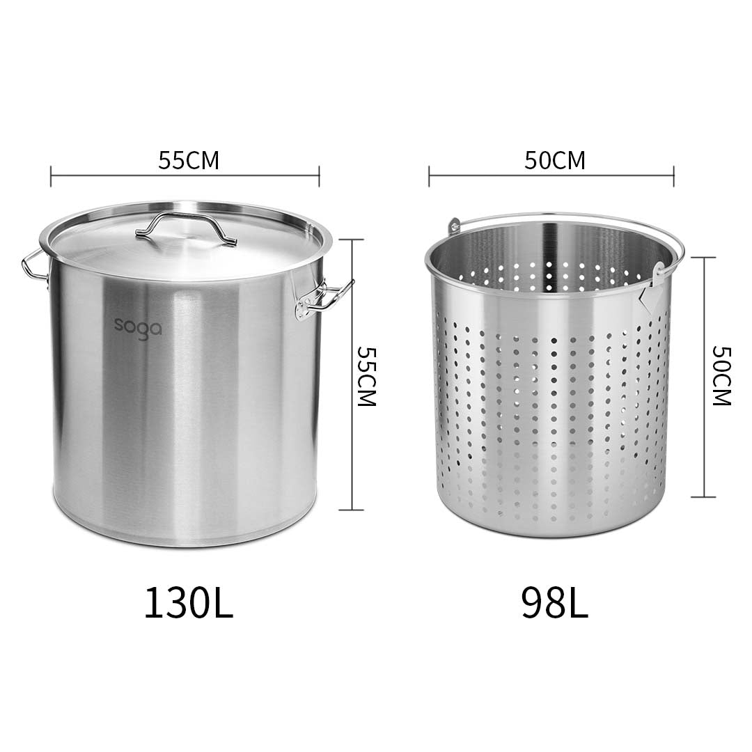 130L 18/10 Stainless Steel Stockpot with Perforated Pasta Strainer