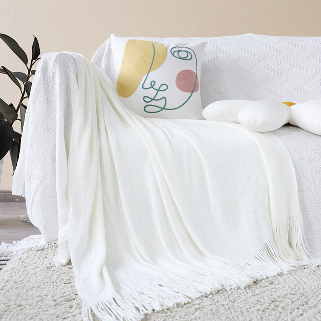 White Acrylic Knitted Throw Blanket