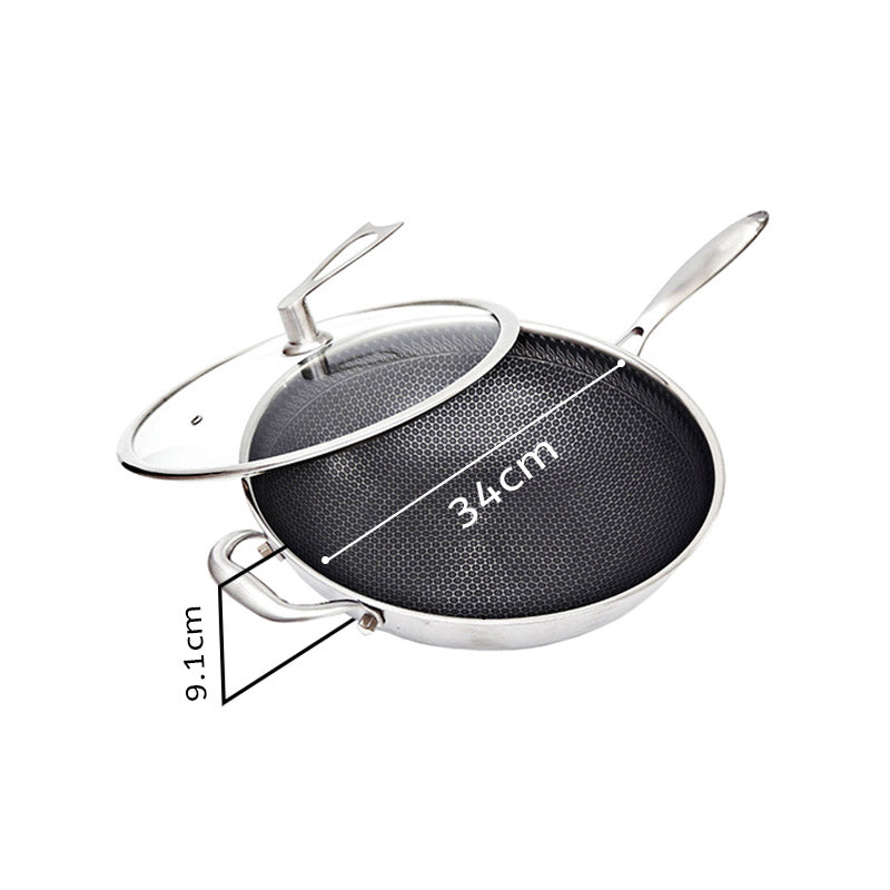 34cm Stainless Steel Frying Pan with Glass Lid and Helper Handle