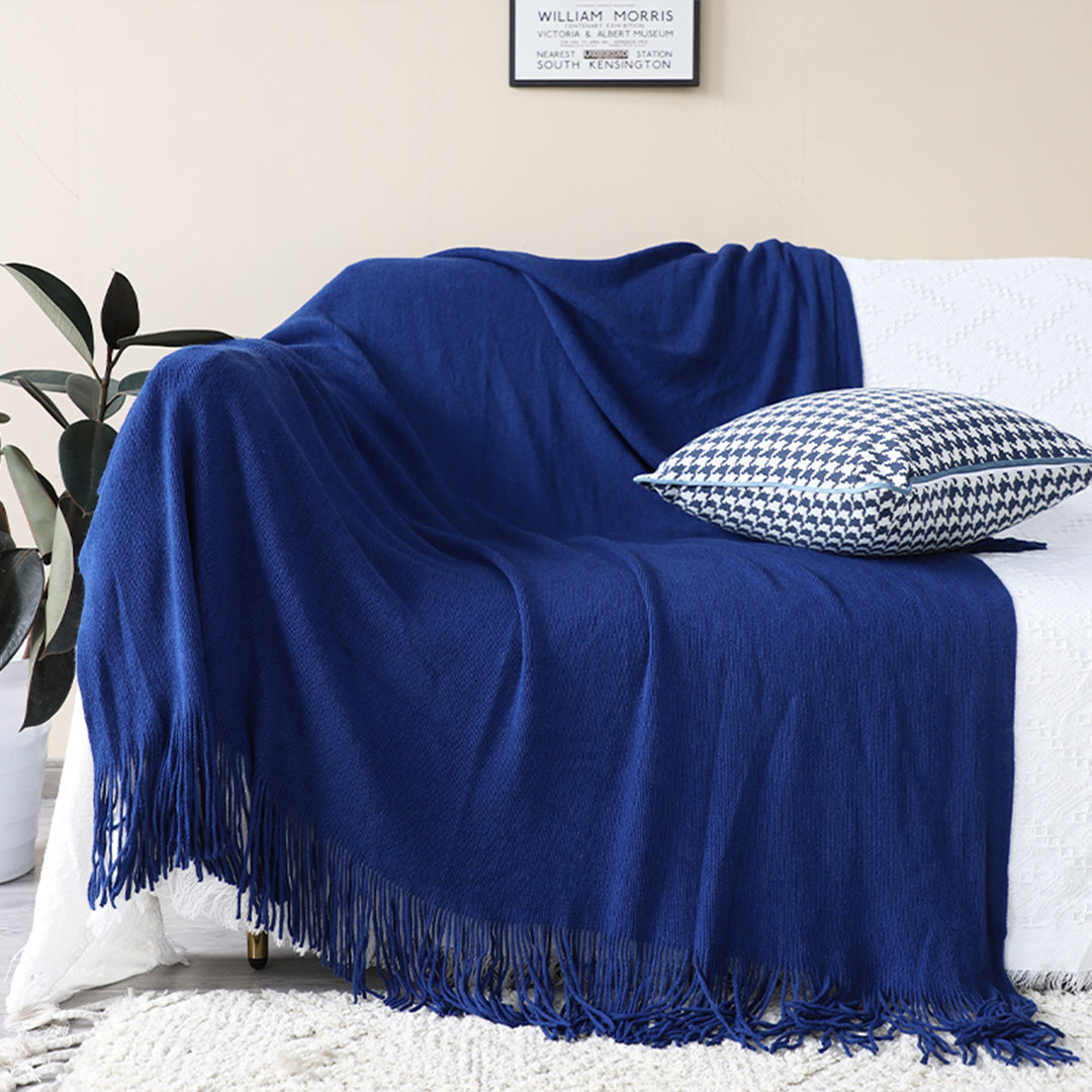 Royal Blue Acrylic Knitted Throw Blanket