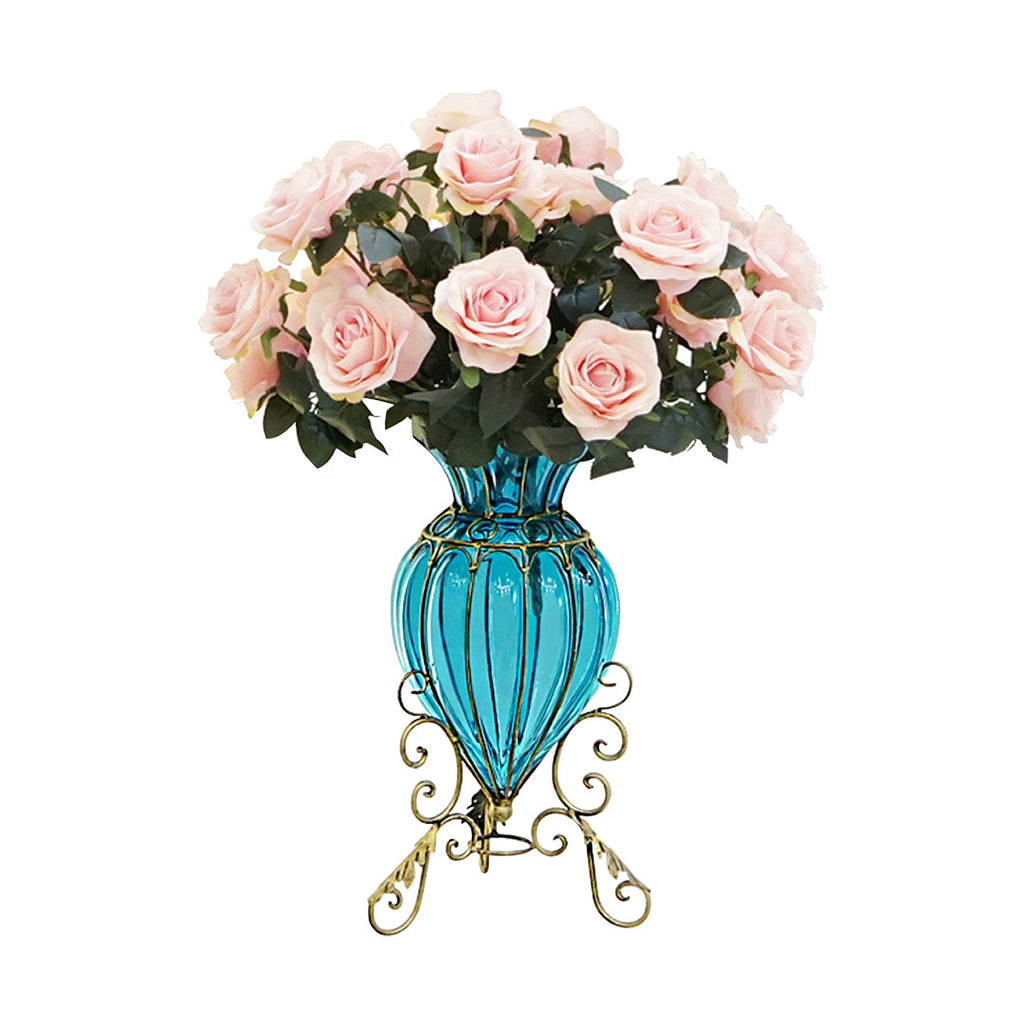 Blue European Glass Floor Flower Vase with Metal Stand