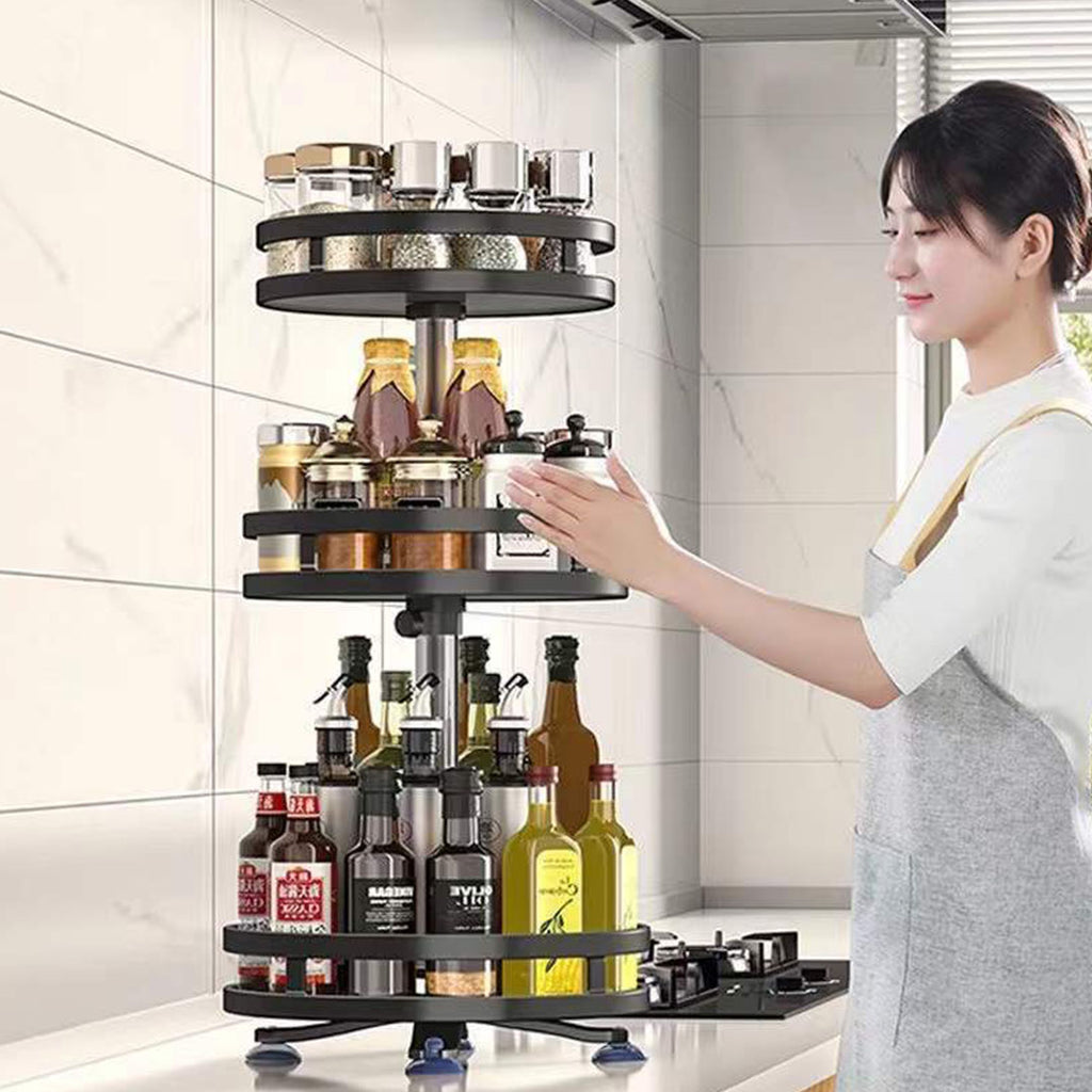 3 Tier Black Round Multi-Function Kitchen Seasoning Organiser Shelf