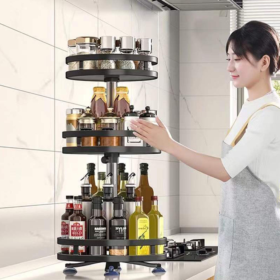 3 Tier Black Round Multi-Function Kitchen Seasoning Organiser Shelf