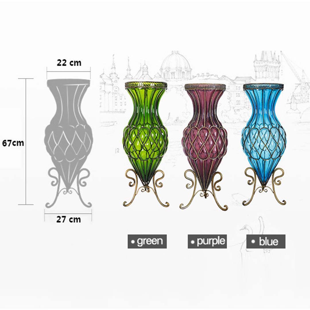 67cm Green Glass Floor Vase with Metal Stand