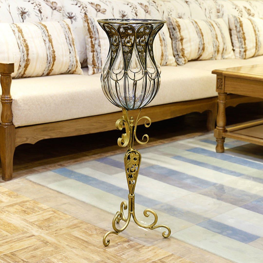85cm European Clear Glass Floor Flower Vase with Tall Metal Stand
