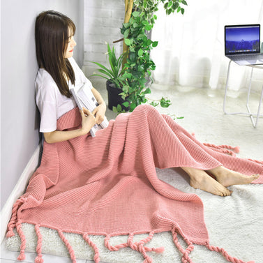 Pink Tassel Fringe Knitted Throw Blanket