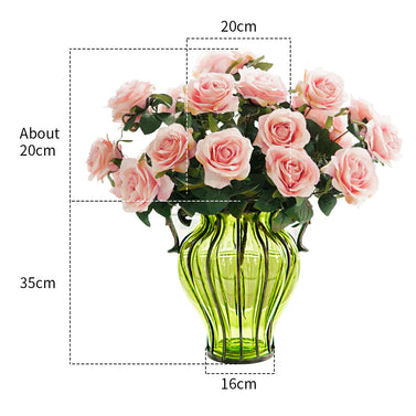 Green Glass Flower Vase with 4 Bunch 9 Heads Artificial Silk Rose Set