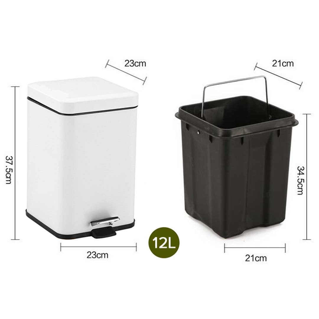 Foot Pedal Stainless Steel Trash Bin Square 12L White