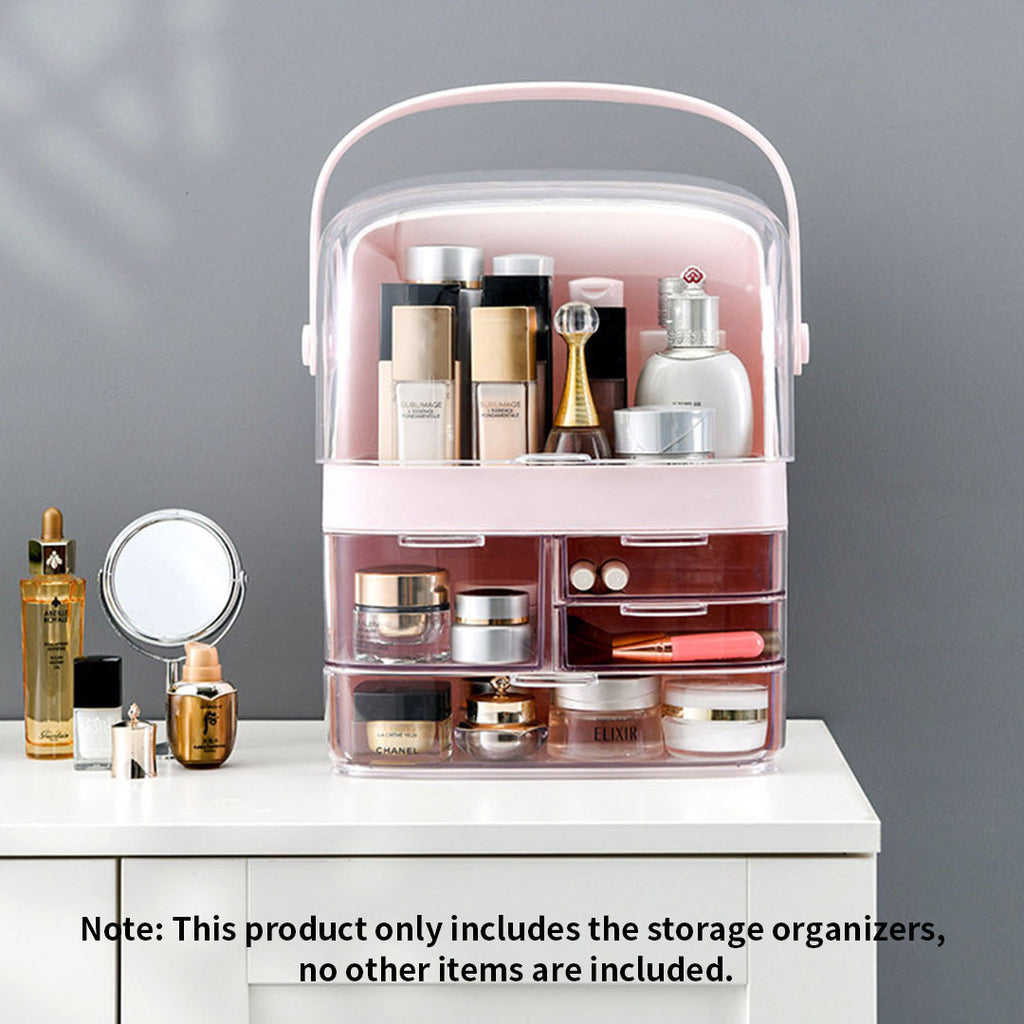 Pink 3 Tier Cosmetic Storage with Brush Lipstick Holder Organiser and LED Light Tabletop Mirror Set