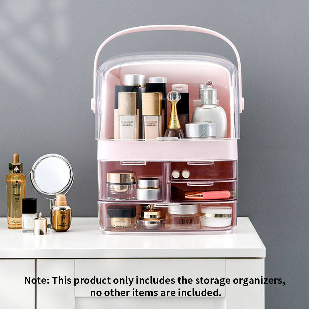Pink 3 Tier Cosmetic Storage with Brush Lipstick Holder Organiser and LED Light Tabletop Mirror Set