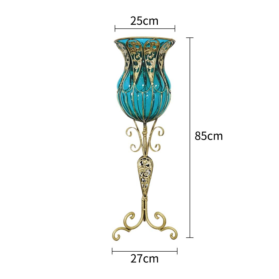 85cm Blue Glass Floor Vase with Tall Metal Stand