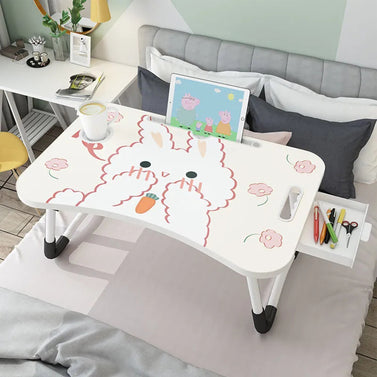 White Cute Rabbit Design Foldable Study Bed Table Adjustable Portable Desk Stand With Notebook Holder And Cup Slot