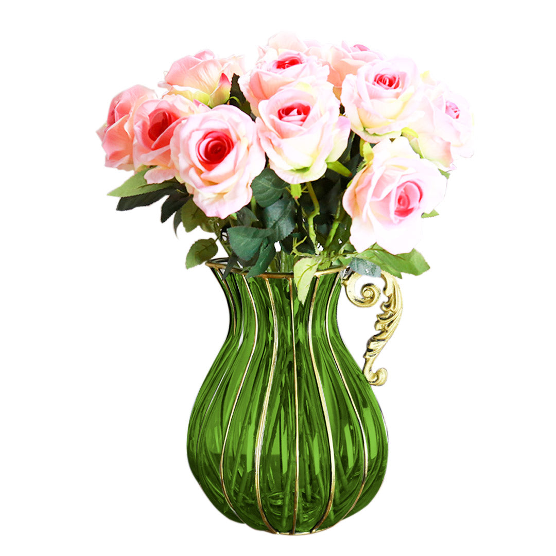Green European Glass Flower Vase with Metal Handle