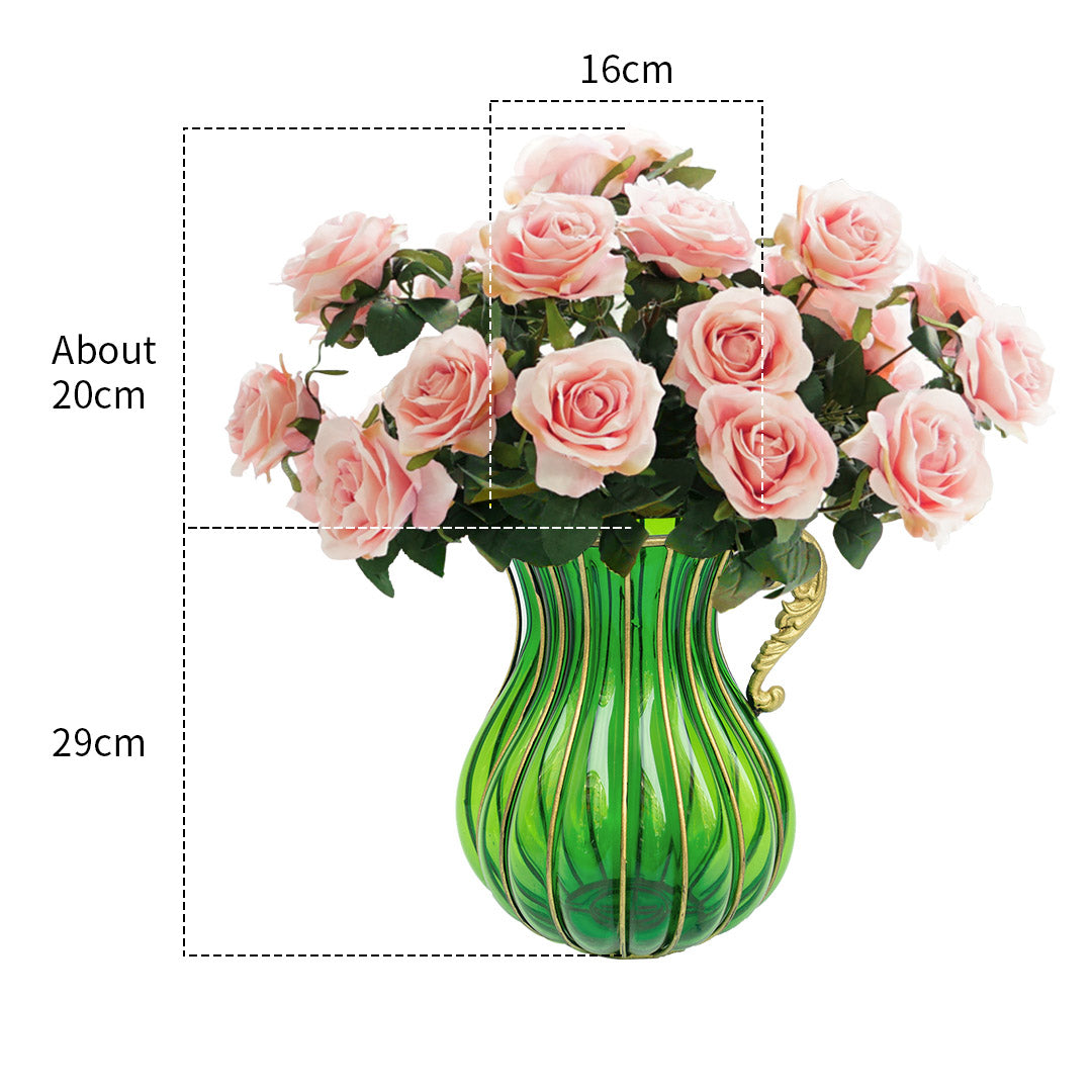 Green Glass Flower Vase with 4 Bunch 9 Heads Artificial Silk Rose Set