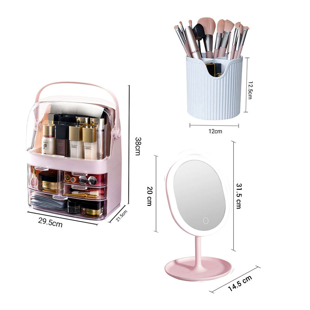 Pink 3 Tier Cosmetic Storage with Brush Lipstick Holder Organiser and LED Light Tabletop Mirror Set