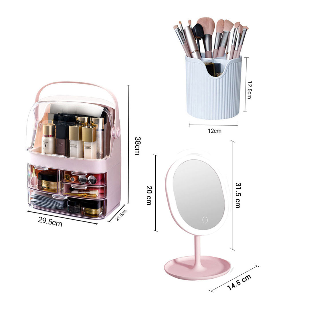 Pink 3 Tier Cosmetic Storage with Brush Lipstick Holder Organiser and LED Light Tabletop Mirror Set