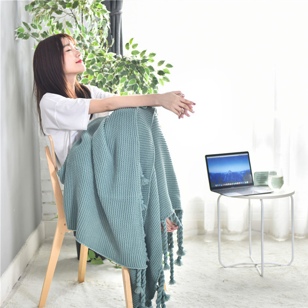 Green Tassel Fringe Knitted Throw Blanket