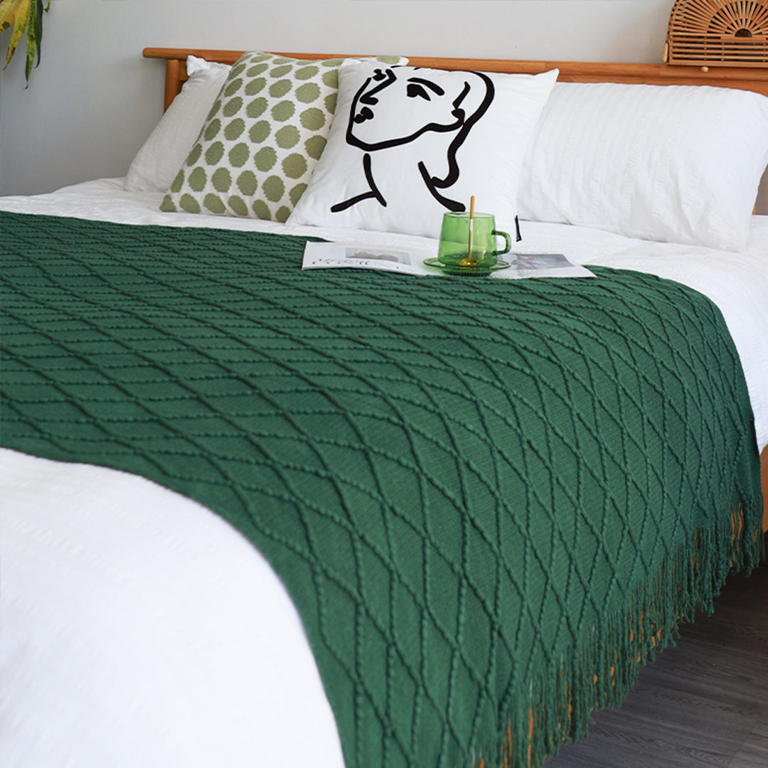 Green Diamond Pattern Knitted Throw Blanket