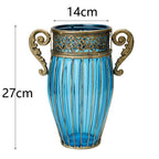 Blue Glass Flower Vase with 4 Bunch 11 Heads Artificial Silk Rose Set