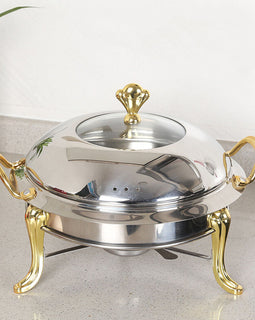 Stainless Steel Gold Accents Round Chafing Dish with Glass Top Lid