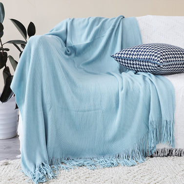 Sky Blue Acrylic Knitted Throw Blanket