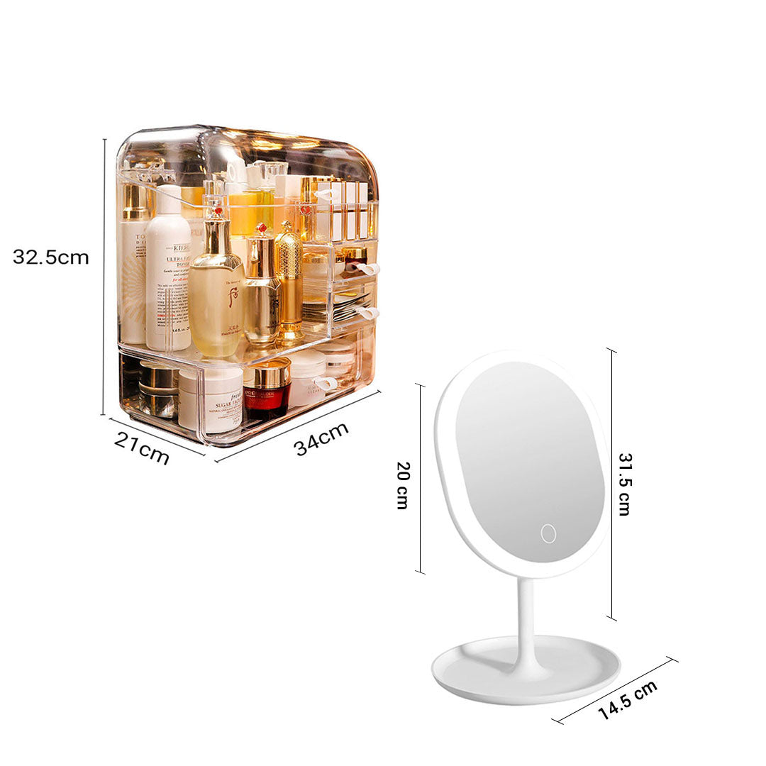 Transparent Cosmetic Storage Skincare Organiser with White LED Light Tabletop Mirror Set