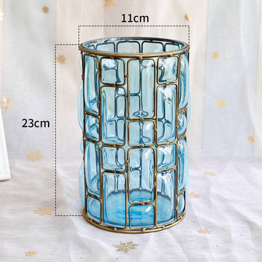 Blue Glass Cylinder Flower Vase with 10 Bunch 6 Heads Artificial Silk Lilium nanum Set