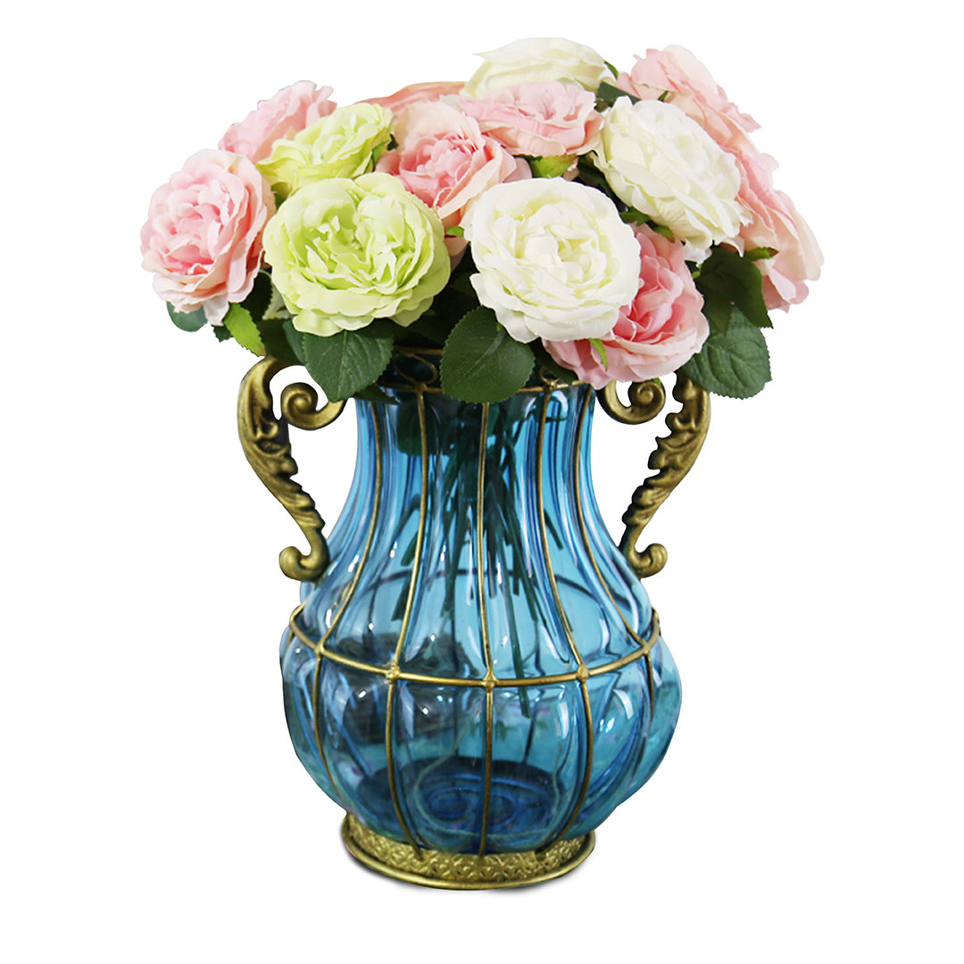 Blue European Glass Flower Vase with Two Metal Handle