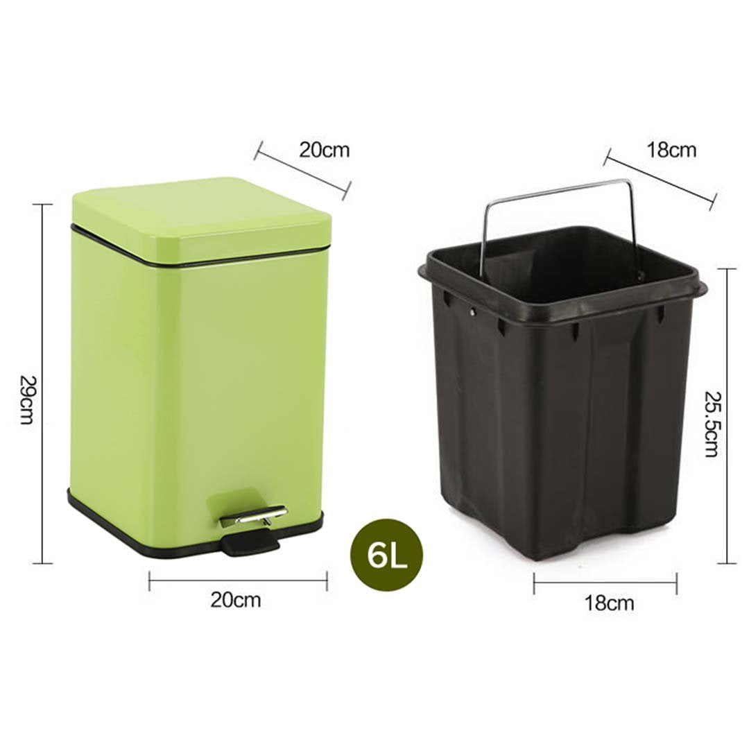 Foot Pedal Stainless Steel Trash Bin Square 6L Green