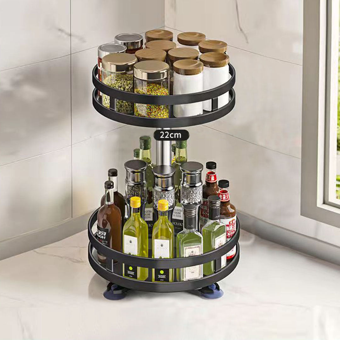 2 Tier Black Round Multi-Function Kitchen Seasoning Organiser Shelf