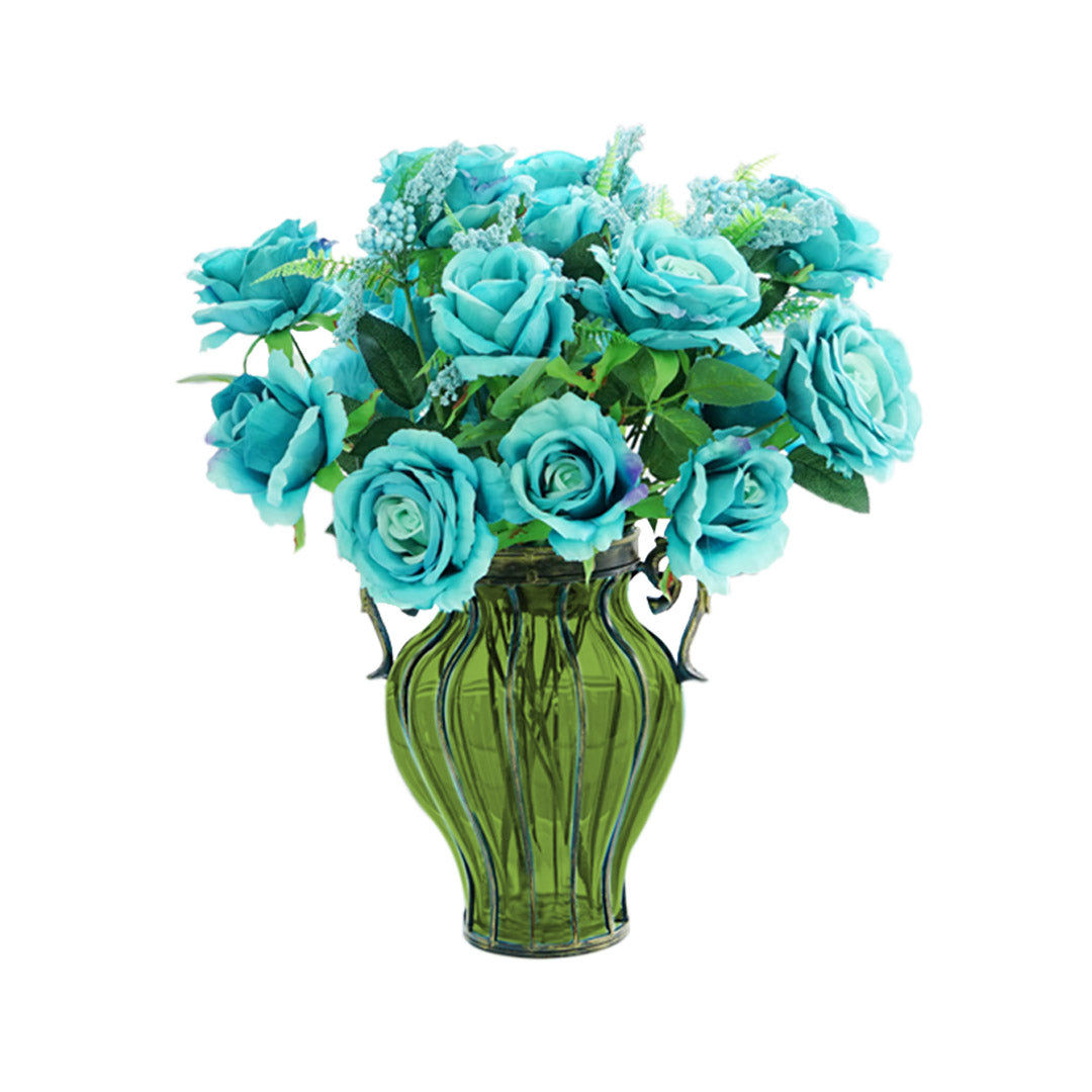 Green European Glass Flower Vase with Two Metal Handle