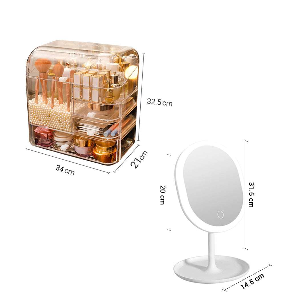 Transparent Cosmetic Storage Skincare Organiser with Pearls and White LED Light Tabletop Mirror Set