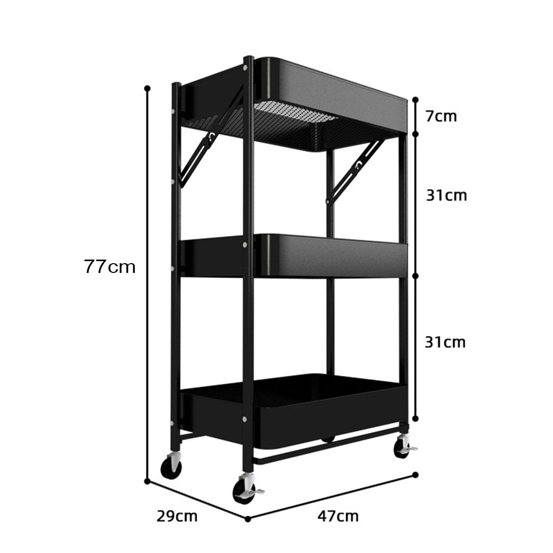 3 Tier Steel Black Foldable Kitchen Cart