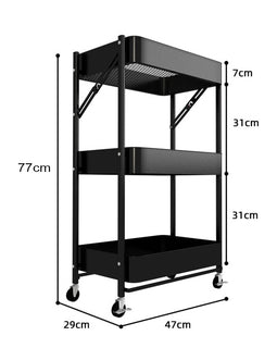 3 Tier Steel Black Foldable Kitchen Cart