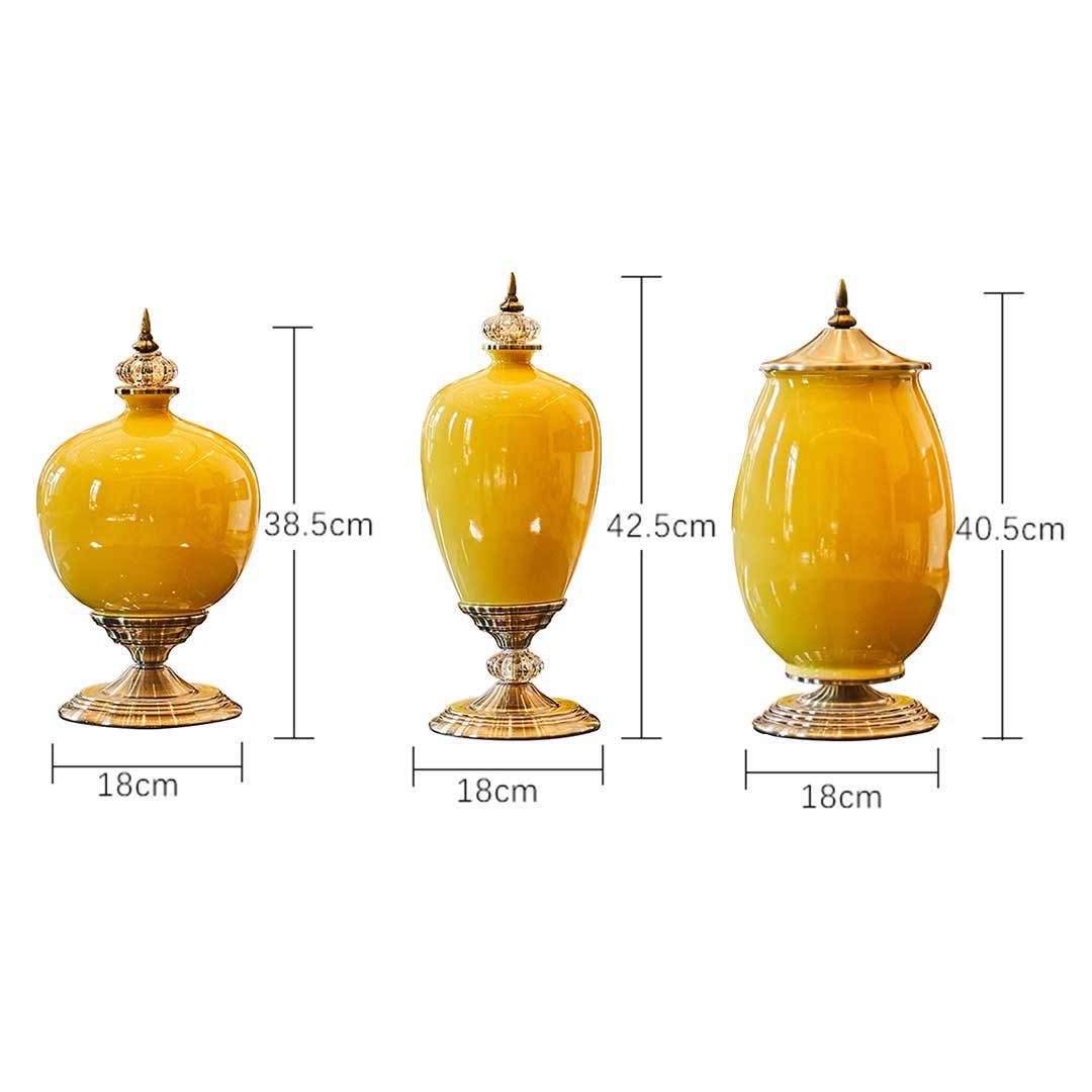 3x Ceramic Vase with Blue Flower Set Yellow