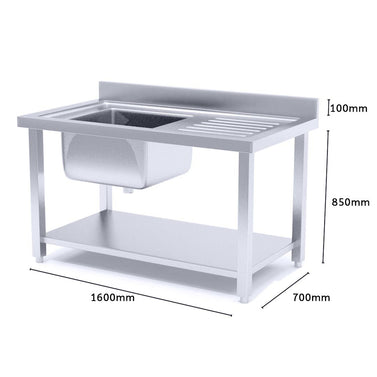 Commercial Stainless Steel Left Single Sink Work Bench 160*70*85cm