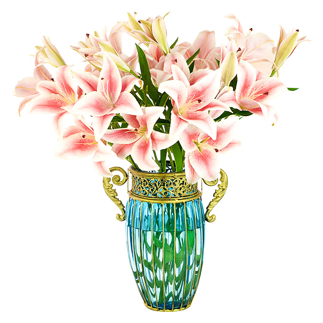 Blue European Glass Flower Vase with Two Metal Handle