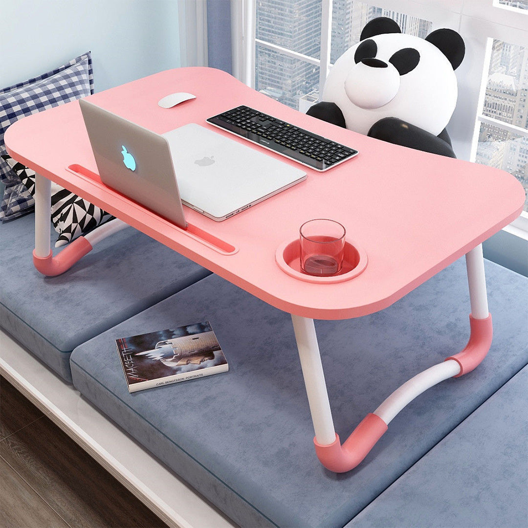 Pink Foldable Study Bed Table Adjustable Portable Desk Stand With Notebook Holder and Cup Slot