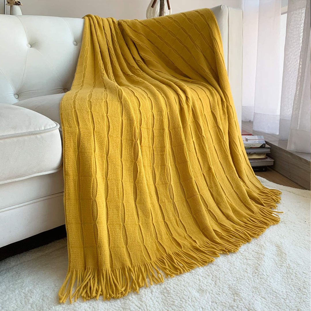 Mustard Textured Knitted Throw Blanket