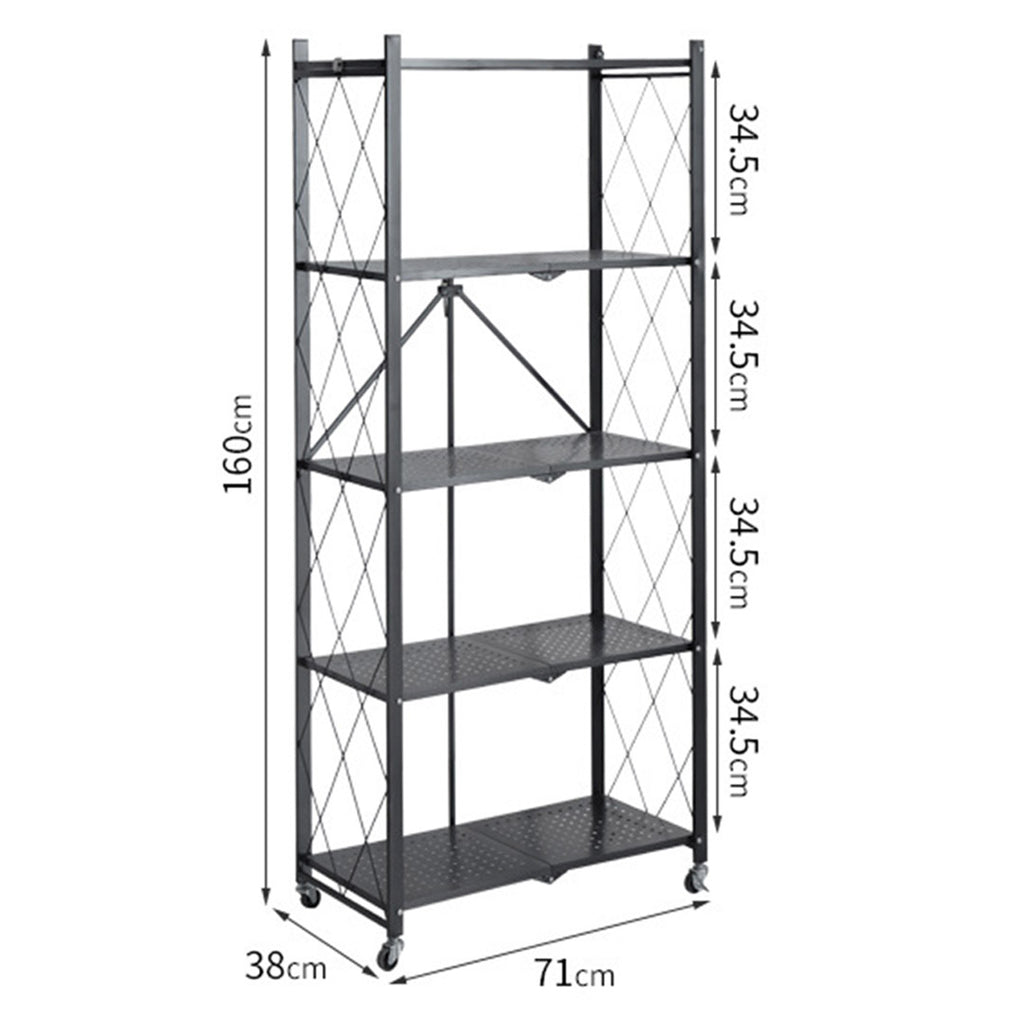 5 Tier Foldable Kitchen Shelves with Wheels Black