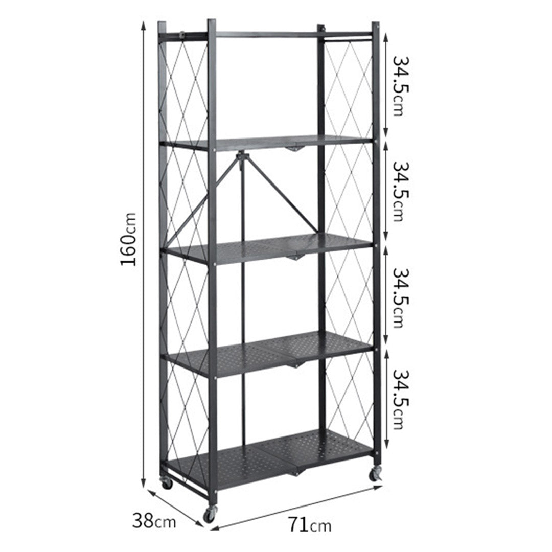 5 Tier Foldable Kitchen Shelves with Wheels Black