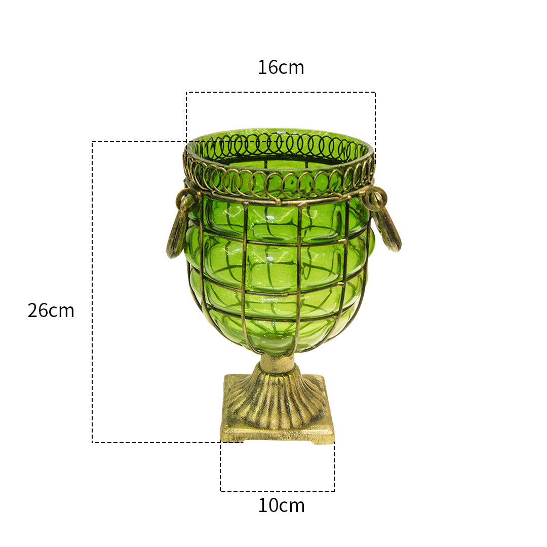 Green Glass Flower Vase with 6 Bunch 4 Heads Artificial Silk Magnolia denudata Set