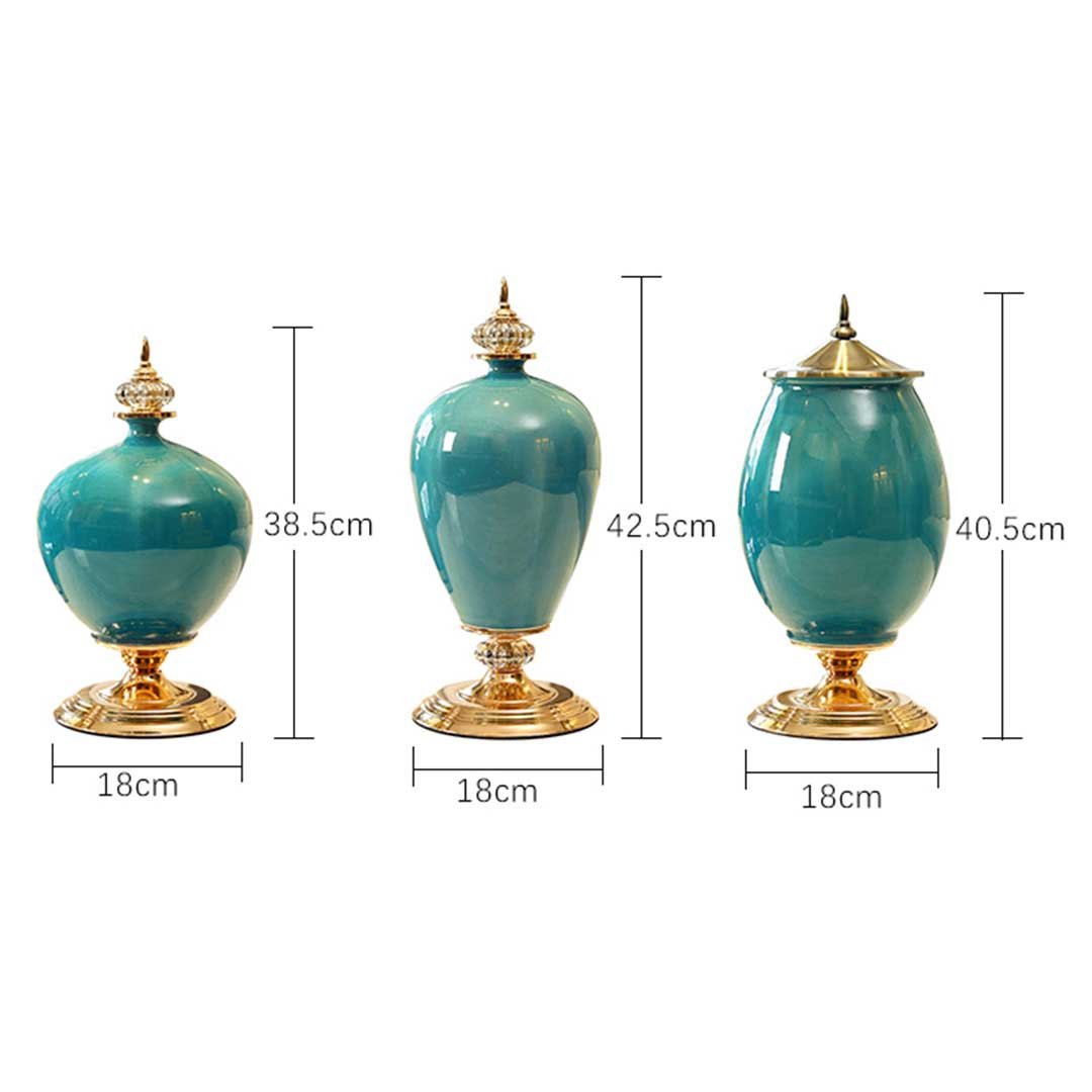 38cm Ceramic Vase with Gold Metal Base Green