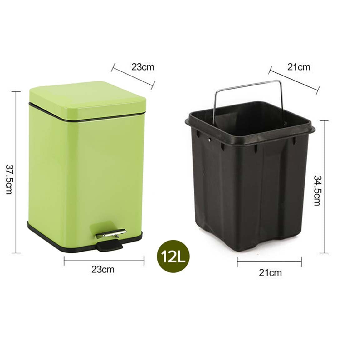 Foot Pedal Stainless Steel Trash Bin Square 12L Green