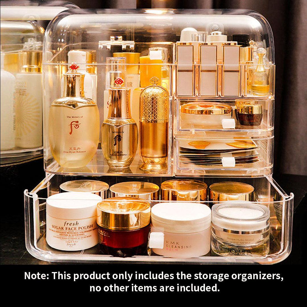 Transparent Cosmetic Storage Skincare Organiser with White LED Light Tabletop Mirror Set